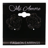 Sparkling Glitter Rose Stud-Earrings Black & Silver-Tone Colored #LQE3992