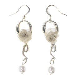 Rose Dangle-Earrings With Bead Accents Silver-Tone & White Colored #LQE3998