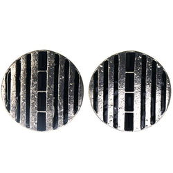 Striped Stud-Earrings With Bead Accents Silver-Tone & Black Colored #LQE4004