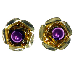 Rose Stud-Earrings With Bead Accents Gold-Tone & Purple Colored #LQE4006