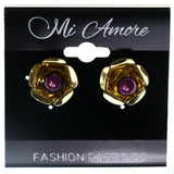 Rose Stud-Earrings With Bead Accents Gold-Tone & Purple Colored #LQE4006