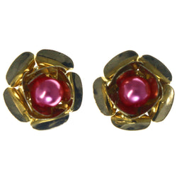 Rose Stud-Earrings With Bead Accents Gold-Tone & Pink Colored #LQE4008