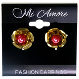 Rose Stud-Earrings With Bead Accents Gold-Tone & Pink Colored #LQE4008