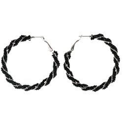 Black & Silver-Tone Colored Metal Hoop-Earrings With Bead Accents #LQE4028