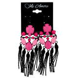 Pink & Black Colored Plastic Dangle-Earrings With Bead Accents