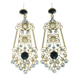 Faceted Filigree -Dangle-Earrings Crystal Accents Gold-Tone & White