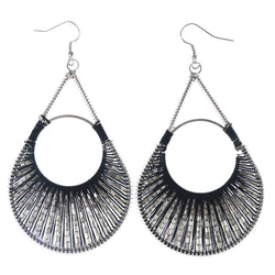 String Art Dangle-Earrings Bead Accents Black & Silver-Tone #LQE4044