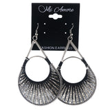 String Art Dangle-Earrings Bead Accents Black & Silver-Tone #LQE4044