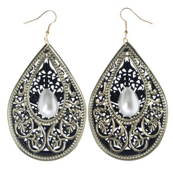 Leaf Filigree Dangle-Earrings Bead Accents Gold-Tone & Black #LQE4053