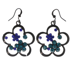 Flower Dangle-Earrings With Crystal Accents Black & Blue Colored #LQE4058