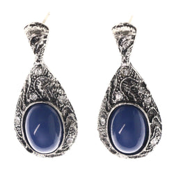 Silver-Tone & Blue Colored Metal Dangle-Earrings With Crystal Accents #LQE4059