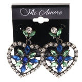 Heart Flower -Dangle-Earrings Crystal Accents Blue & Green #LQE4066