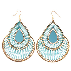 String Art Dangle-Earrings Blue & Gold-Tone Colored #LQE4083