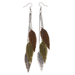 Tri-Tone Leaf Dangle-Earrings tassel Accents Gold-Tone & Silver-Tone