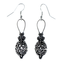 Flower Dangle-Earrings With Bead Accents Silver-Tone & Black Colored #LQE4115