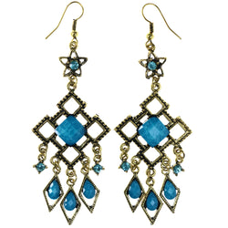 Antique Finish Flower Dangle-Earrings Stone Accents Gold-Tone & Blue