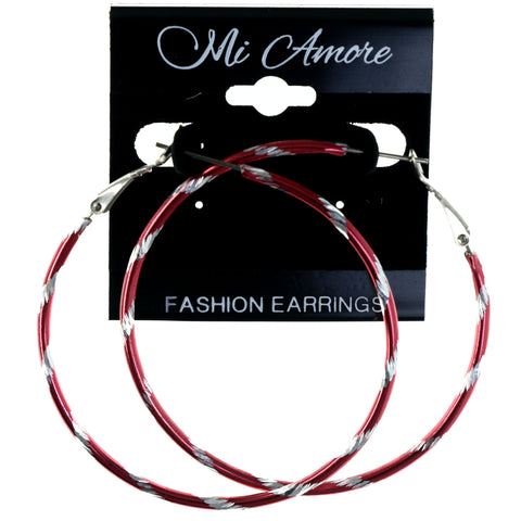 Striped Hoop-Earrings Red & Silver-Tone Colored #LQE4138