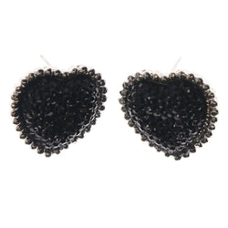Black & Silver-Tone Metal Heart Stud-Earrings With Crystal Accents