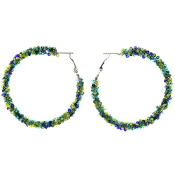 Green & Blue Colored Metal Hoop-Earrings With Bead Accents #LQE4146