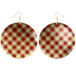 Plaid Dangle-Earrings Gold-Tone & Red Colored #LQE4157
