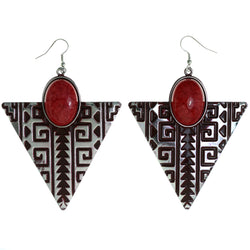 Tribal Pattern Dangle-Earrings Stone Accents Red & Silver-Tone #LQE4161