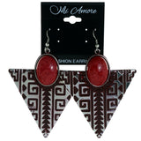 Tribal Pattern Dangle-Earrings Stone Accents Red & Silver-Tone #LQE4161