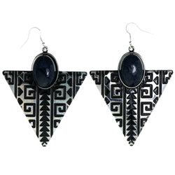 Tribal Pattern Dangle-Earrings Stone Accents Black & Silver-Tone