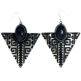 Tribal Pattern Dangle-Earrings Stone Accents Black & Silver-Tone