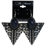 Tribal Pattern Dangle-Earrings Stone Accents Black & Silver-Tone