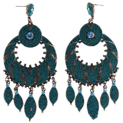 Blue & Bronze-Tone Colored Metal Drop-Dangle-Earrings With Bead Accents #LQE4163