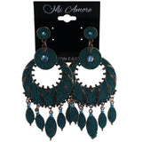 Blue & Bronze-Tone Colored Metal Drop-Dangle-Earrings With Bead Accents #LQE4163
