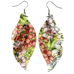 Flower Leaf Dangle-Earrings With Bead Accents Colorful #LQE4179