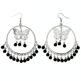 Butterfly Dangle-Earrings With Bead Accents Silver-Tone & Black Colored #LQE4182