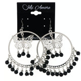 Butterfly Dangle-Earrings With Bead Accents Silver-Tone & Black Colored #LQE4182