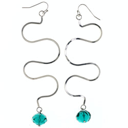 Silver-Tone & Green Colored Metal Dangle-Earrings With Bead Accents #LQE4186