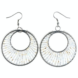 White & Silver-Tone Colored Metal Dangle-Earrings With Bead Accents #LQE4207