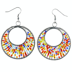 Colorful & Silver-Tone Colored Metal Dangle-Earrings With Bead Accents #LQE4209