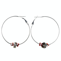 Silver-Tone & Orange Colored Metal Hoop-Earrings With Bead Accents #LQE4211