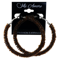 Brown & Silver-Tone Colored Metal Hoop-Earrings With Bead Accents #LQE4216
