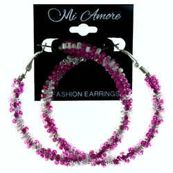 Pink & White Colored Metal Hoop-Earrings With Bead Accents #LQE4217
