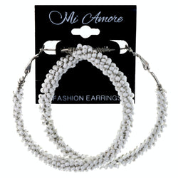 White & Silver-Tone Colored Metal Hoop-Earrings With Bead Accents #LQE4219
