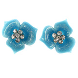 Glitter Flower Stud-Earrings Crystal Accents Blue & Silver-Tone