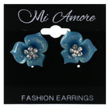 Glitter Flower Stud-Earrings Crystal Accents Blue & Silver-Tone