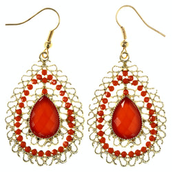 Filigree Dangle-Earrings With Bead Accents Orange & Gold-Tone Colored #LQE4242