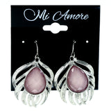 Glitter Leaf Dangle-Earrings Bead Accents Silver-Tone & Purple #LQE4248