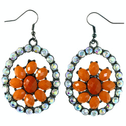 AB Finish Flower Dangle-Earrings Crystal Accents Orange & Silver-Tone