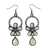 AB Finish Flower Dangle-Earrings Crystal Accents White & Silver-Tone