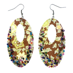 Flower Dangle-Earrings With Bead Accents Brown & Multi Colored #LQE4262