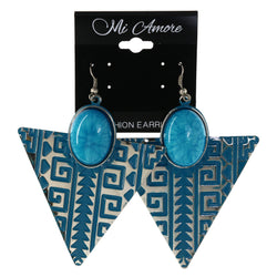 Tribal Pattern Dangle-Earrings Stone Accents Blue & Silver-Tone