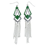 Silver-Tone & Green Colored Metal Dangle-Earrings With tassel Accents #LQE4293